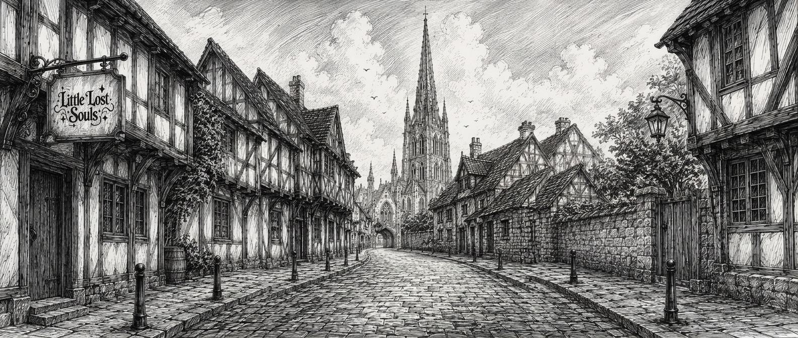 Ink drawing of a cobbled street with the Little Lost Souls sign