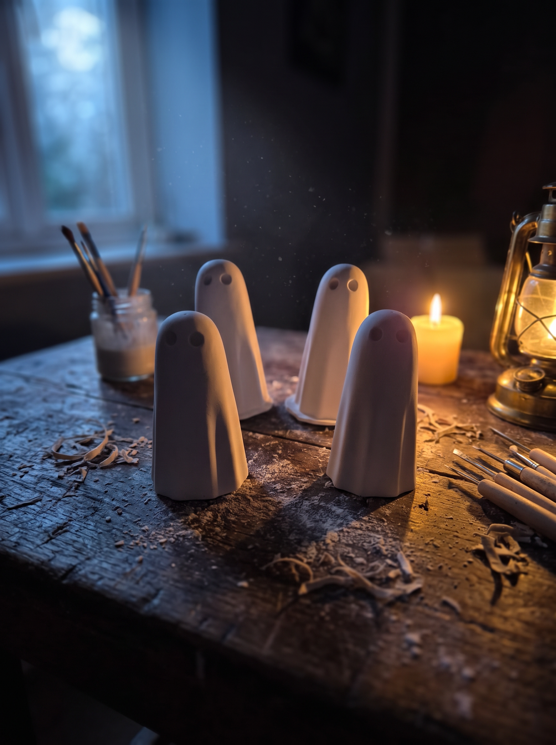 Four blank ghost shells on the workbench, waiting for their characters